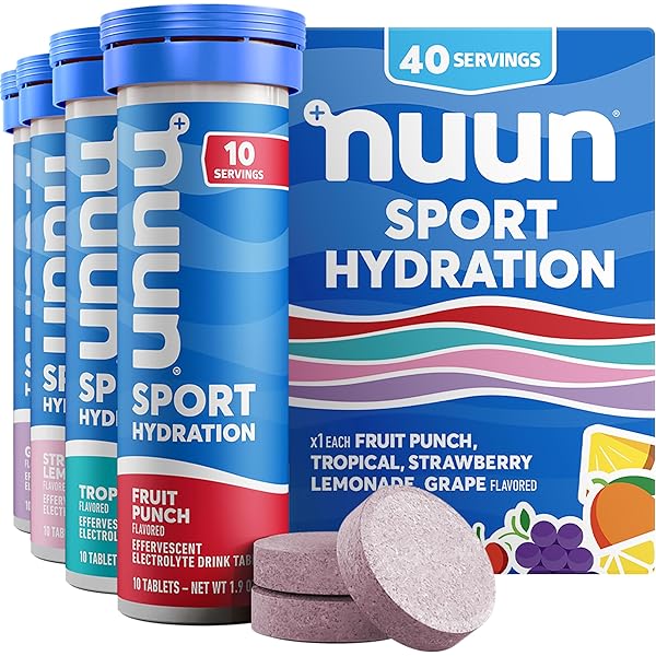 NUUN SPORT ELECTROLYTE TABLETS WITH MAGNESIUM, CALCIUM, POTASSIUM, CHLORIDE & SODIUM, GLUTEN FREE & VEGAN, MIXED FLAVORS, 4 PACK (40 SERVINGS TOTAL)