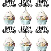 Gyufise Happy Birthday Cupcake Toppers Black Glitter Birthday Cake Topper Picks Dessert Topper Decoration for Birthday Party Anniversary Celebration