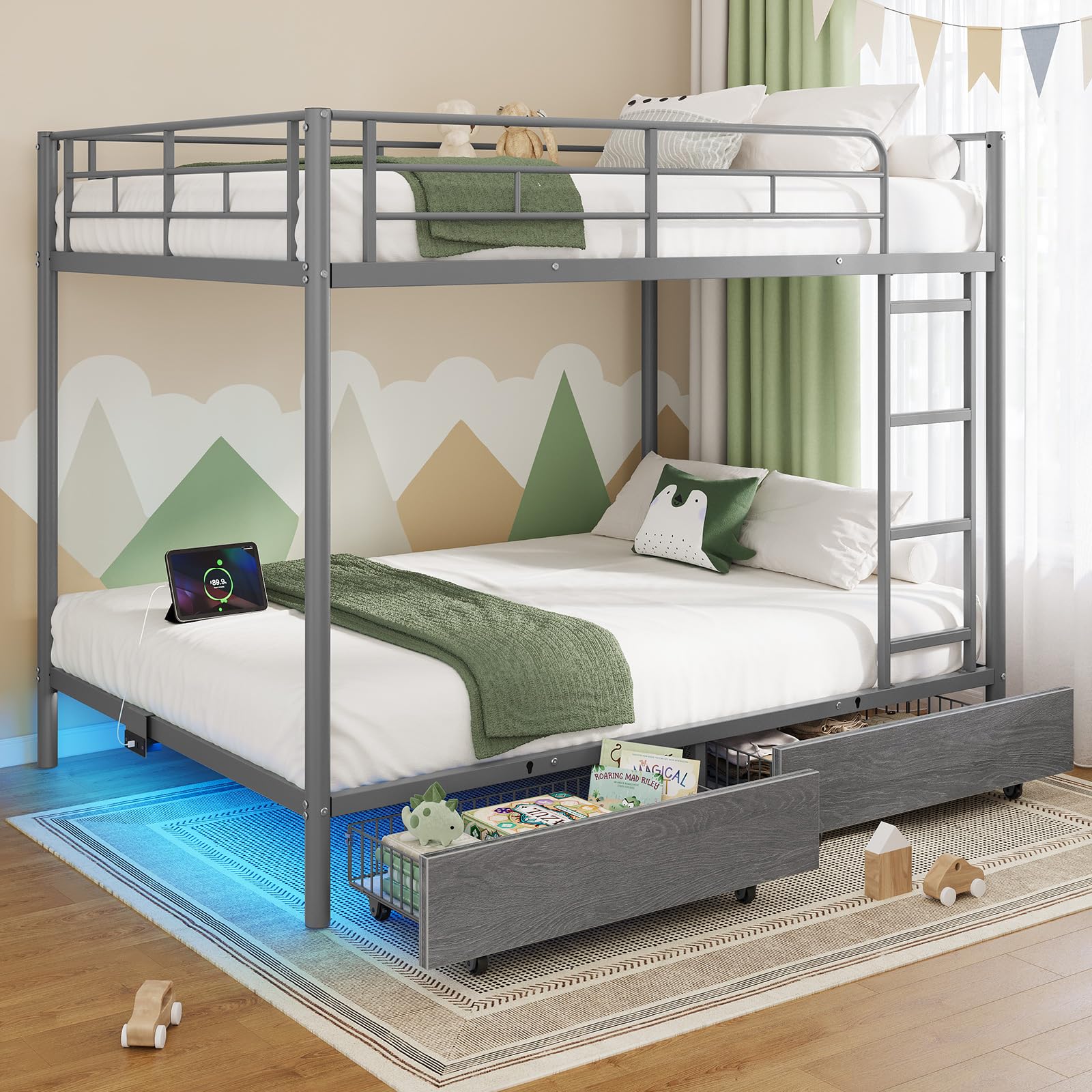 Rolanstar Metal Bunk Bed Full Over Full with USB Charging Station, LED Bunk Bed with 2 Storage Drawers, Bed with Safety Guardrail & Ladders, No Box Spring Needed, Easy Assembly, Grey Image