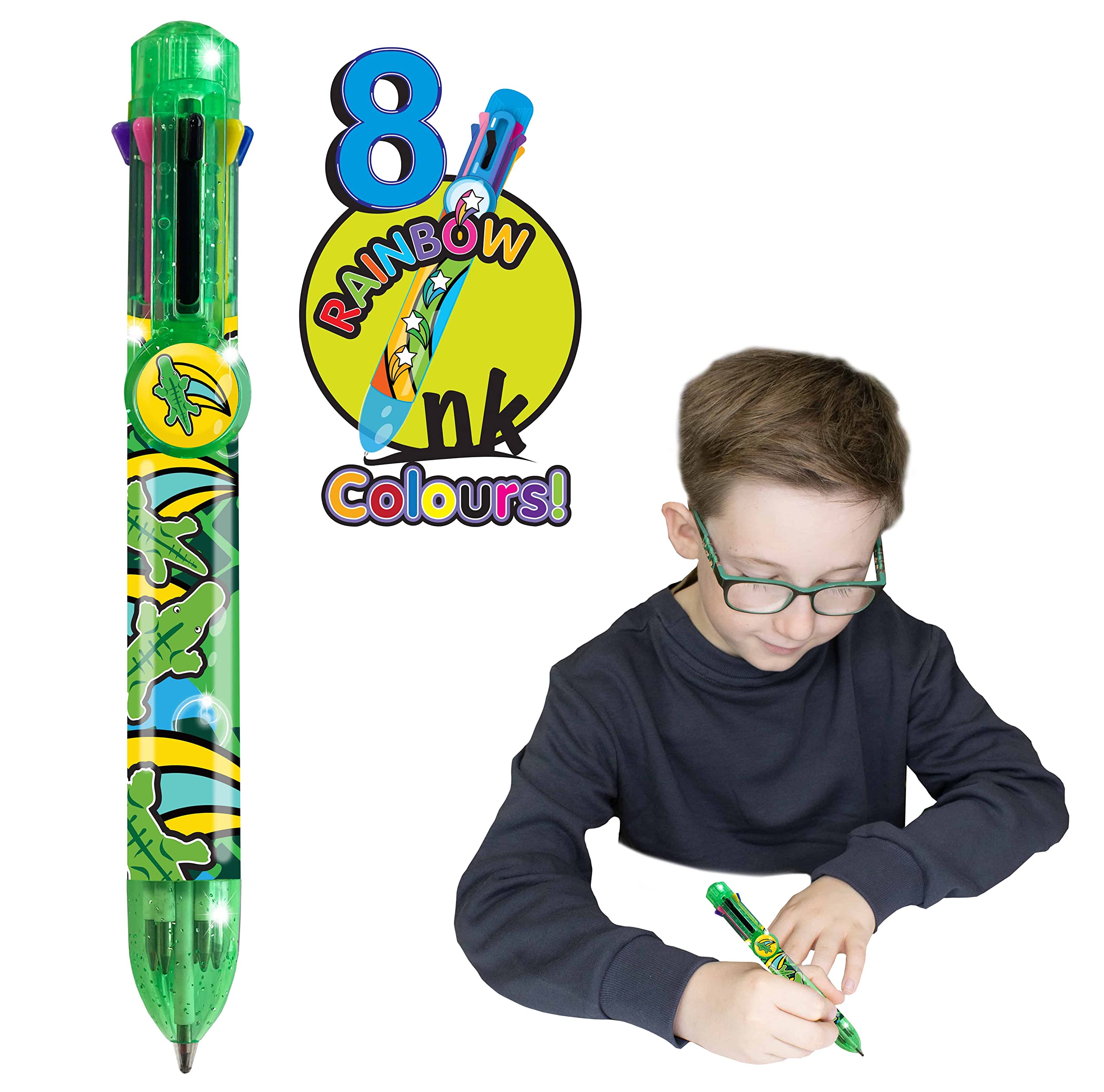 Rainbow Writer - Crocodile Pen by Deluxebase. 8-in-1 Multicolour Retractable Ballpoint Pen with a Green Glitter Barrel, Fun Novelty Kids Stationery, School Supplies or Party Bag Filler.