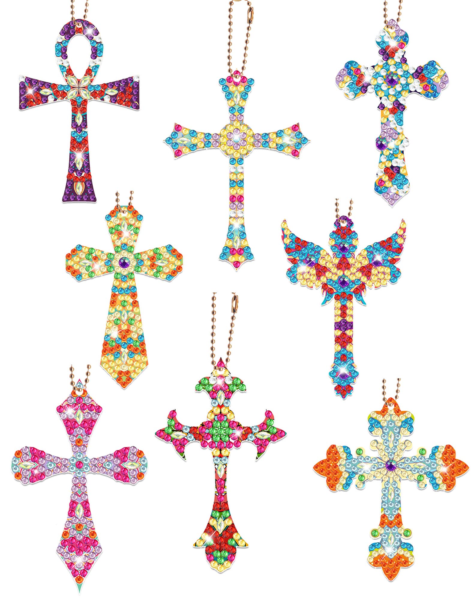 Anvin 8 Pcs Diamond Painting Keychains Double Sided Cross Shaped Rhinestone Painting Art Gem Key Rings DIY Glittering Ornament Pendant for Beginners Adults Kids Art Craft Supplies Gift (Cross B)