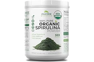 Zazzee Organic Spirulina Powder, 2.2 Pounds (1 KG), USDA Certified, 303 Servings, Kosher, 100% Pure, Non-Irradiated, Mess-Free Wide Mouth Container, Fresh Smell and Neutral Taste, Non-GMO, Gluten-Free