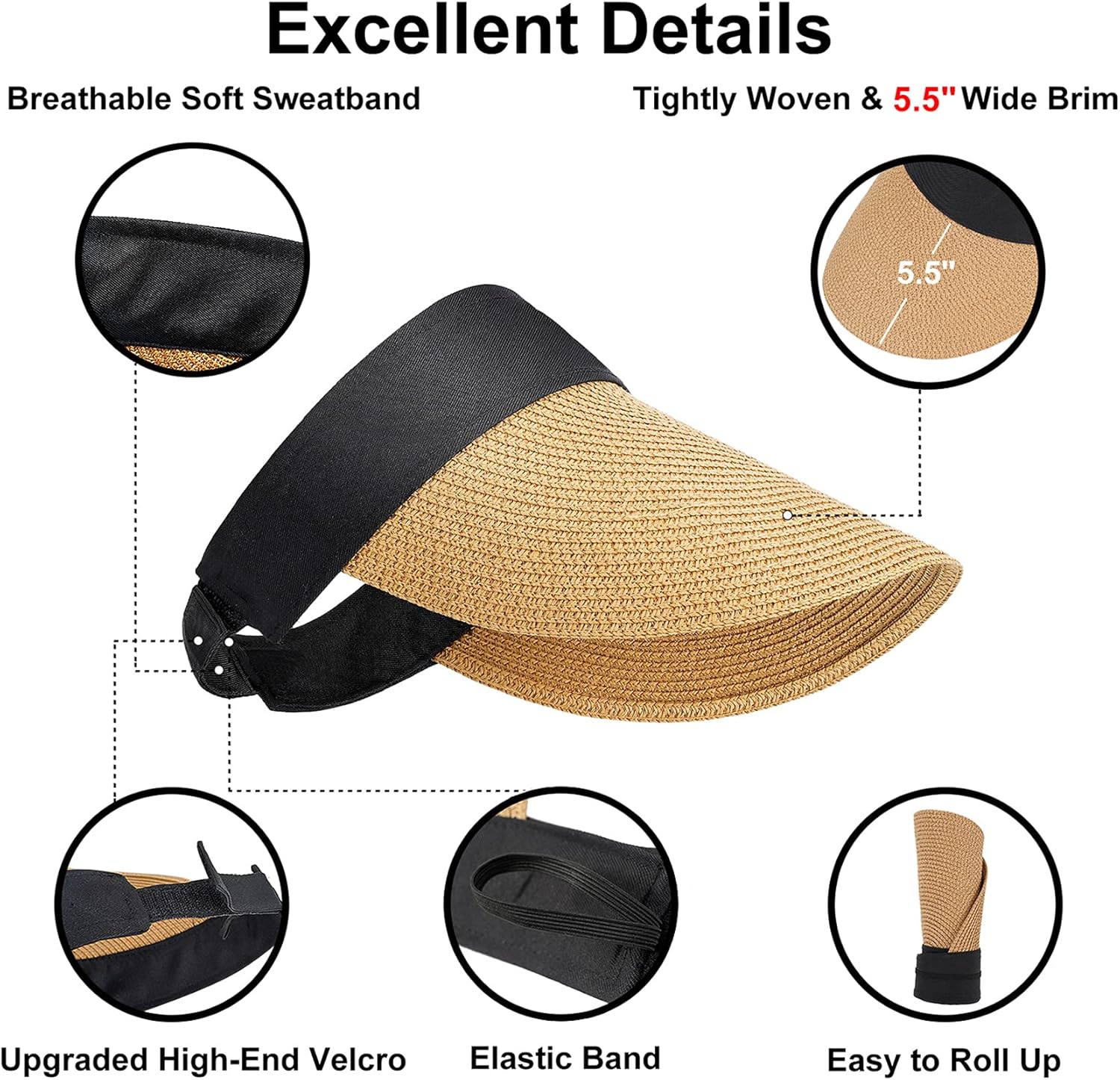 Women Visor Hats Wide Brim Straw Sun Caps Foldable Summer UV Protection Beach Hat Adjustable Roll-Up Golf Sports Cap Khaki: Clothing