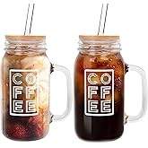 ANOTION Mason Jar Iced Coffee Cup with Lid and Straw, 24oz Regular Mouth Mason Jars with Handle Glass Coffee Drinking Glasses Tumbler Reusable Cups Bottles for Iced Coffee Cups for Travel Office Home