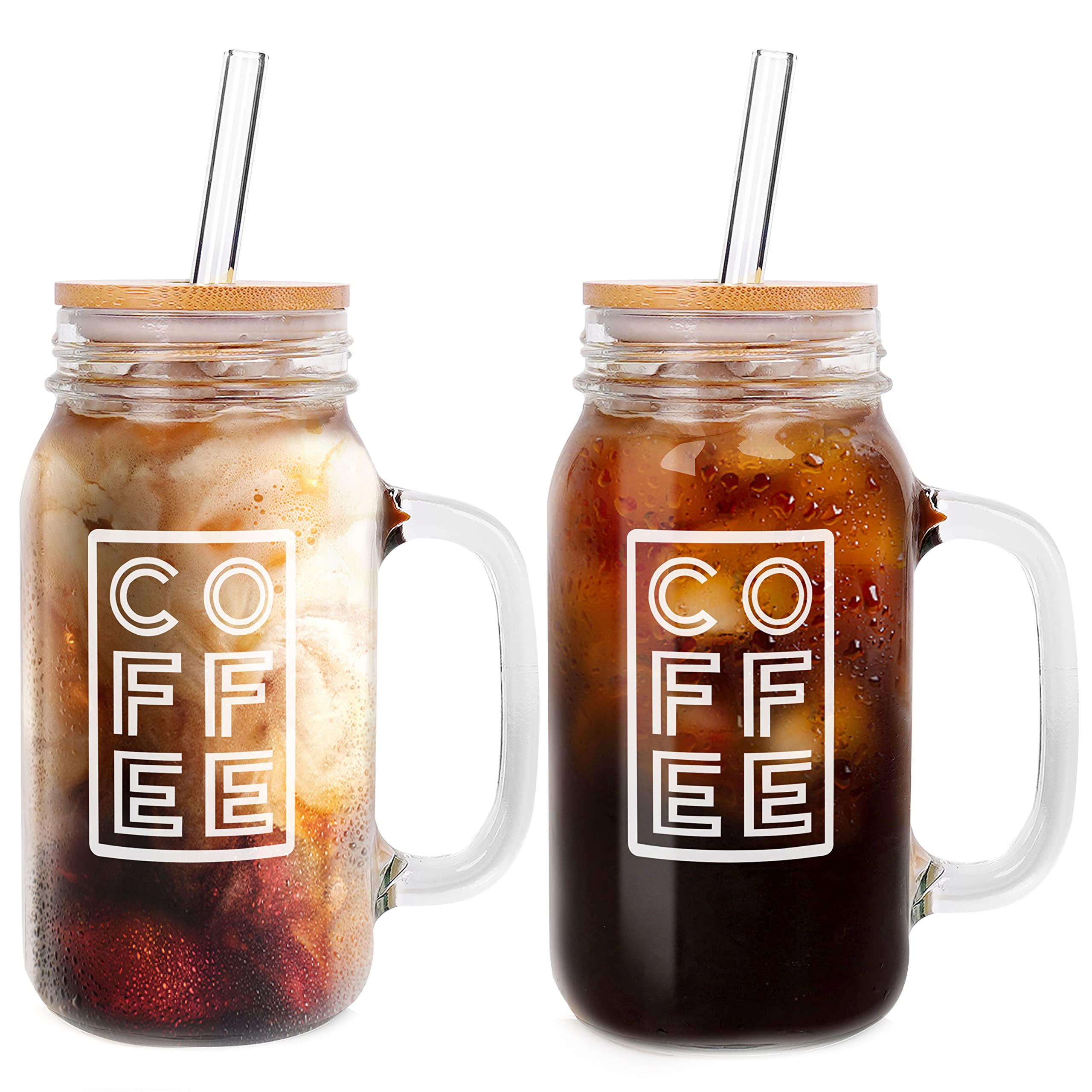 ANOTION Mason Jar Iced Coffee Cup with Lid and Straw, 24oz/682ml Regular Mouth Mason Jars with Handle Glass Coffee Drinking Glasses Reusable Cups Bottles for Iced Coffee Cups for Travel Office Home