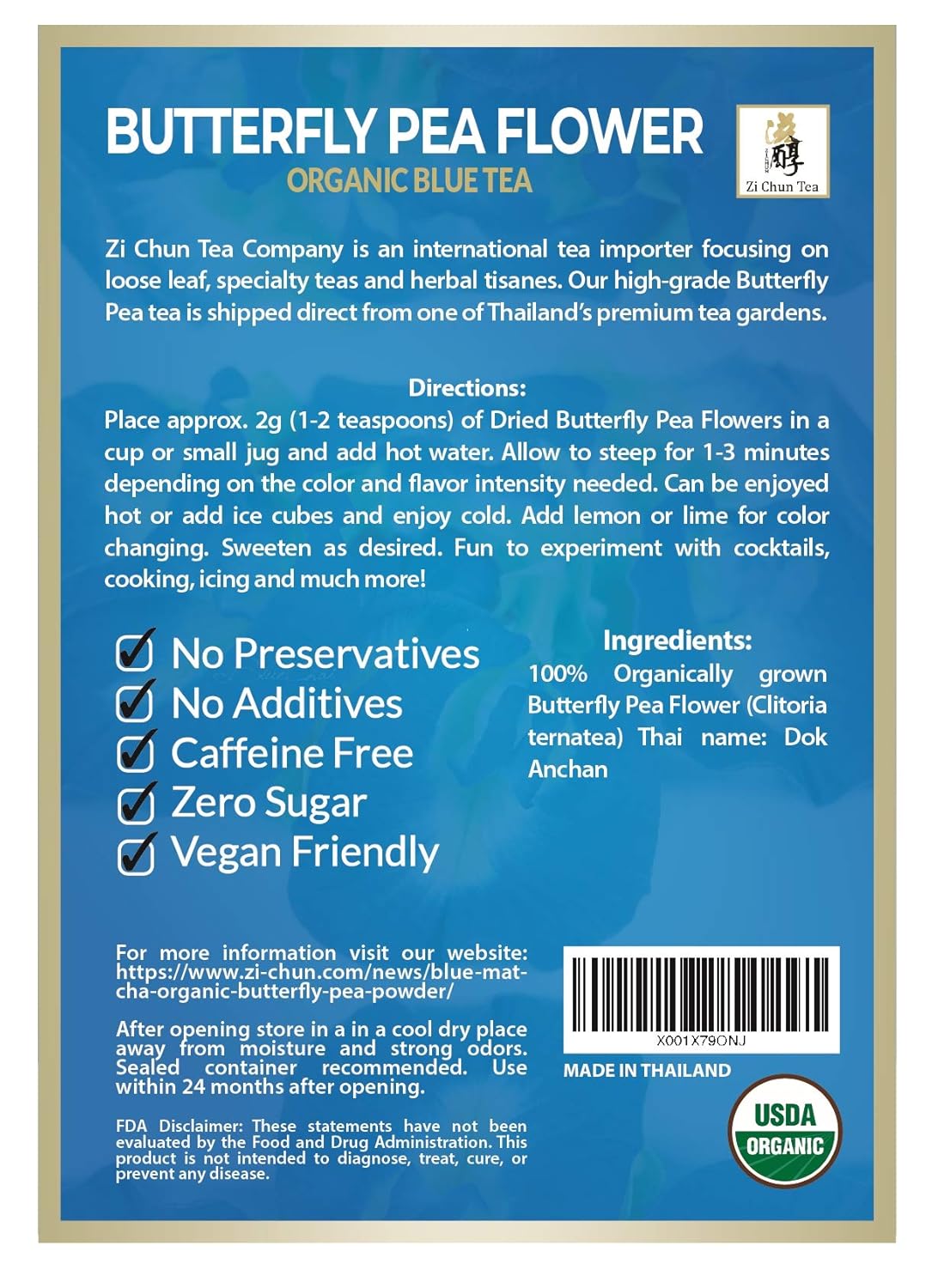 Zi Chun Teas Usda Organic Butterfly Pea Flower Tea From Thailand Vibrant Blue Color Changing Ancient Herbal Beverage Supports Anti Aging Memory