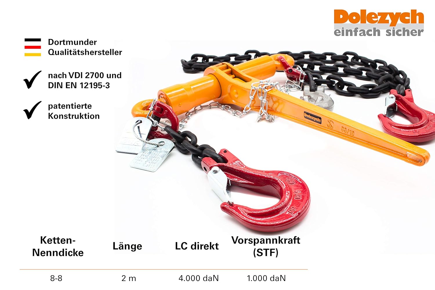 Dolezych Lashing Chain Grade 80 with Dora Ratchet Load Binder, 2 Clevis Hooks, 8 mm Chain, Direct Lashing Capacity = 4000 Dan - Image 3