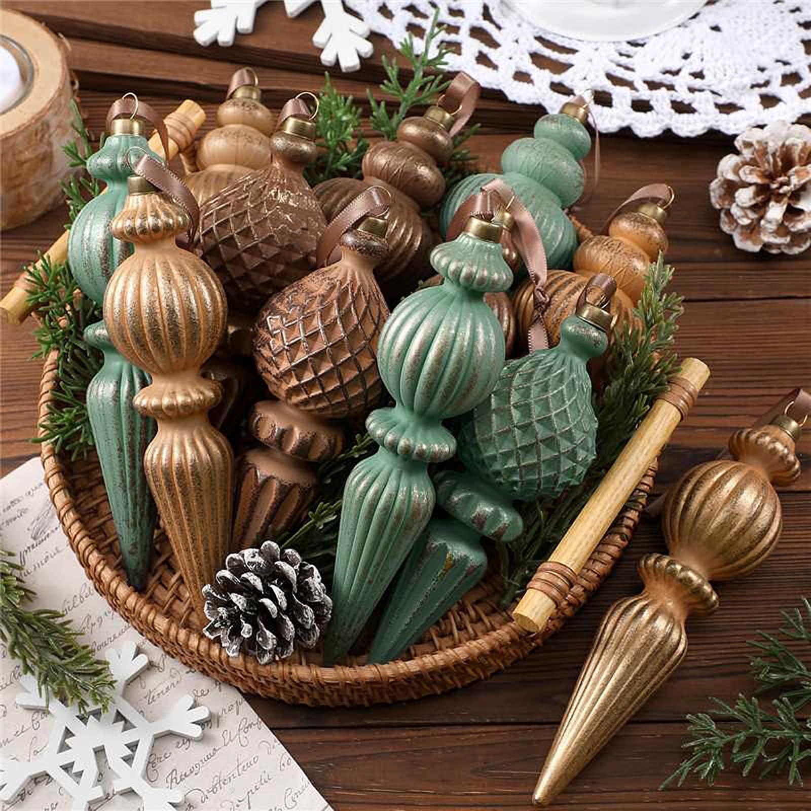 Photo 1 of Yunlly 18 Pcs Neutral Christmas Ornaments Textured Christmas Tree Decor with Hanging Loop Matte Shatterproof Hanging Finial Ornaments Home Decor for Xmas Vintage Rustic Farmhouse (Nostalgic Color)
