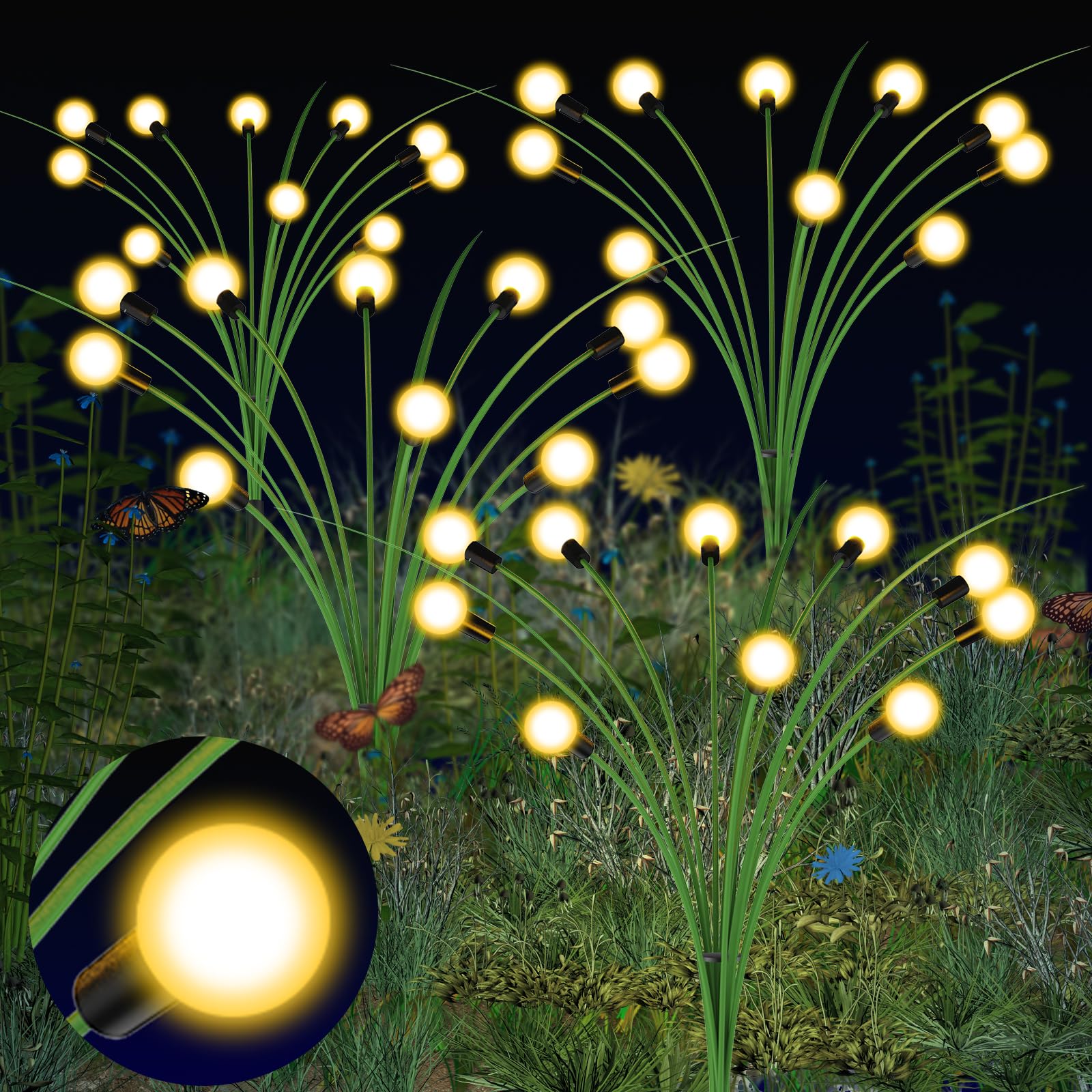 GCMacau Solar Garden Lights, 20 LED Solar Firefly Lights, Solar Powered Light Outdoor Waterproof for Lawn Pathway Patio Yard Party Backyard Decoration, Warm White (2 Pack)