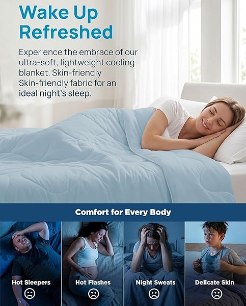 COOLING COMFORTER QUEEN SIZE, COOLING BLANKETS FOR HOT SLEEPERS AND NIGHT SWEATS, BLUE SUMMER COMFORTER FOR QUEEN SIZE BED, Q-MAX 0.45 ARC-CHILL BREATHABLE SOFT LIGHTWEIGHT SILK SMOOTH,90 X 90 INCH
