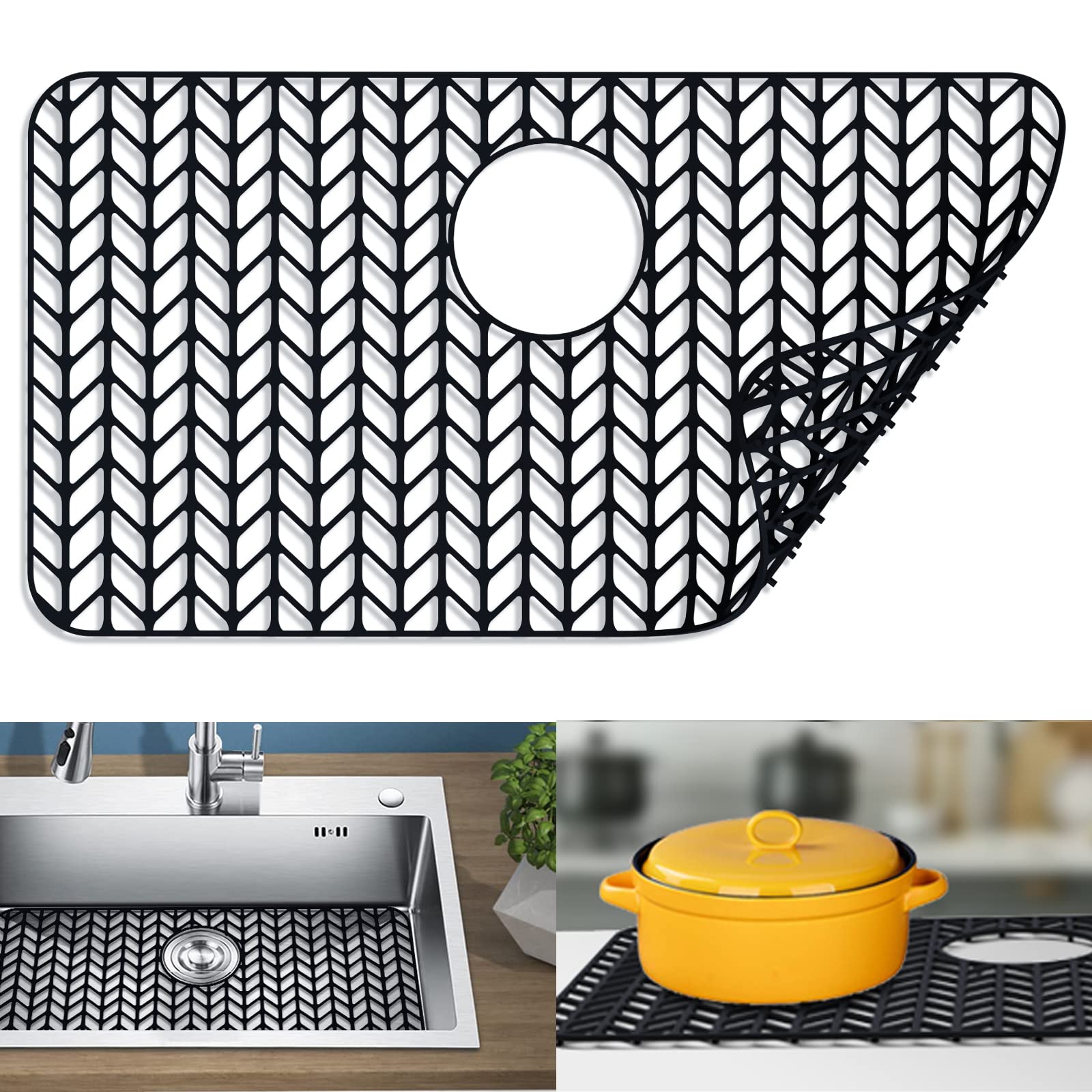 Photo 1 of JIUBAR Sink protectors for kitchen sink 12"13"16"18"19"24"26"28"29"silicone sink mat| Silicone Kitchen Sink Mat Grid for Bottom of Farmhouse Stainless Steel(26"x 14"Rear Drain Black)