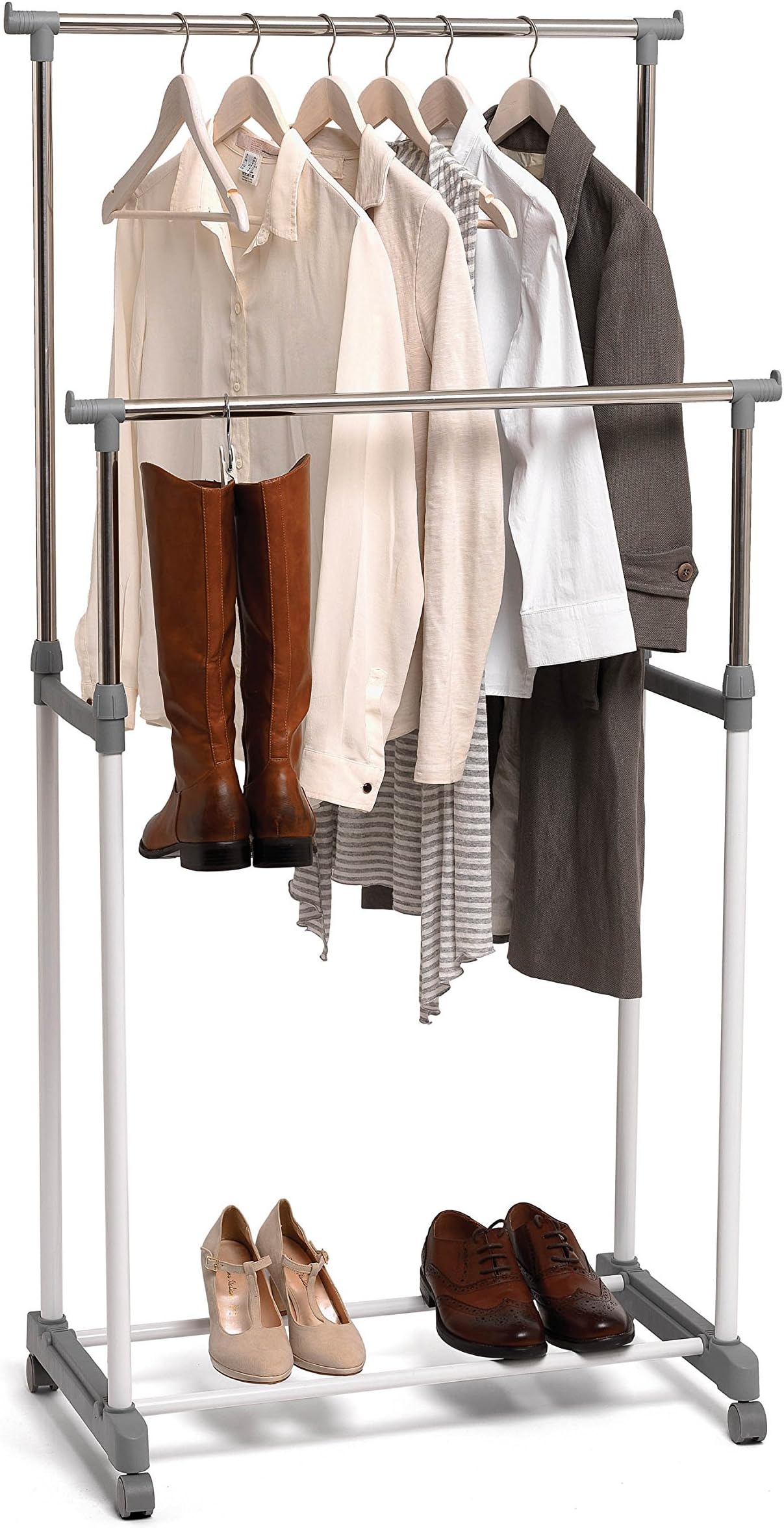 Domopak Double Adjustable Mobile Clothes Garment Hanging Rail With Wheels(Silver, White, Grey)