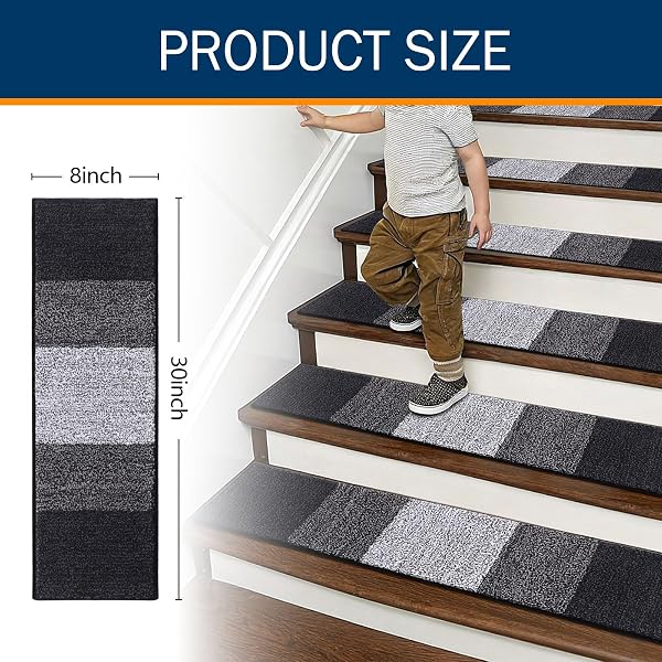 OLANLY STAIR TREADS NON SLIP 4PCS, 8″ X 30″ INDOOR STAIR RUNNERS FOR WOODEN STEPS, EDGING STAIR RUGS WITH REUSABLE PEEL AND STICK ADHESIVE FOR KIDS ELDERS AND PETS, BLACK
