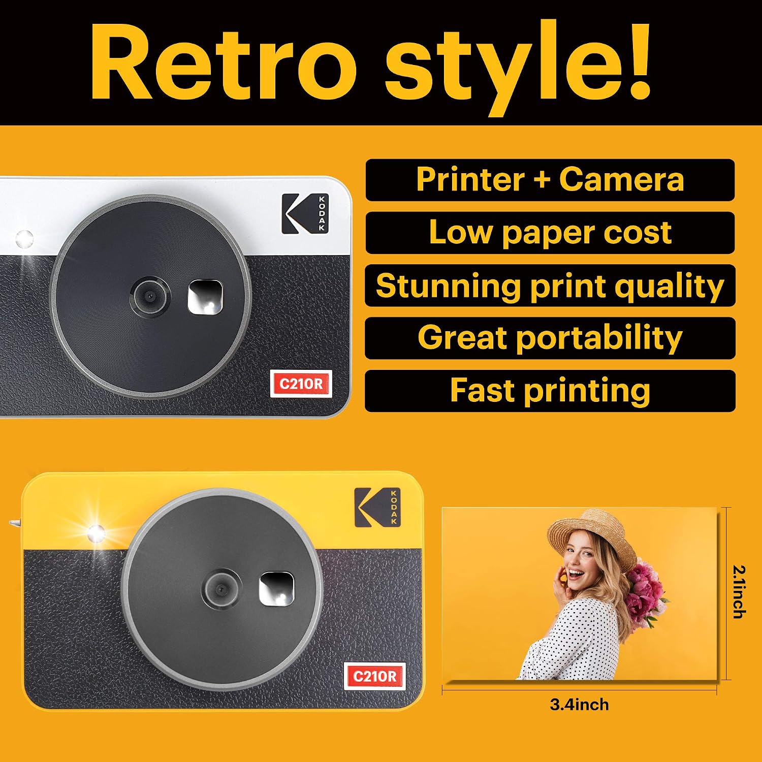 KODAK Mini Shot 2 Retro 4PASS 2-in-1 Instant Camera and Photo Printer (2.1x3.4 inches) + Initial 8 Sheets + 30 Sheets Bundle, Yellow - Image 4