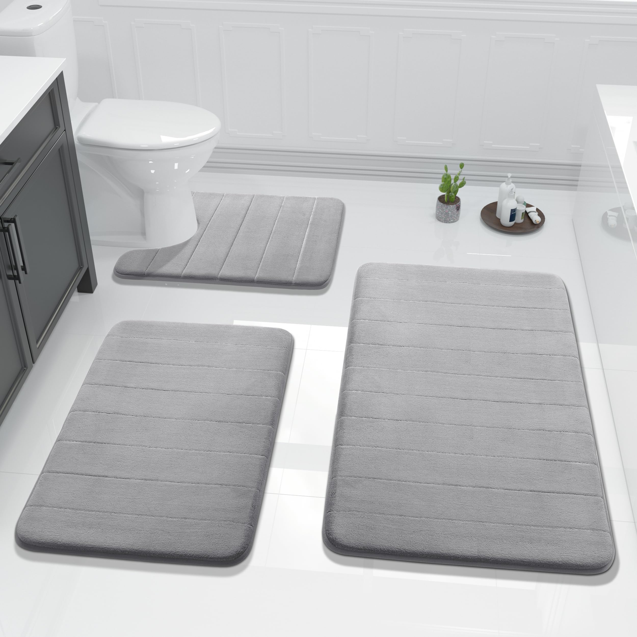 Photo 1 of Yimobra 3 Pieces Memory Foam Bath Mat Set with U-Shaped Toilet Rug - Non Slip Super Soft Absorbent Quick Dry Bathroom Rugs for Bathtub, Vanity & Toilet Base, Gray