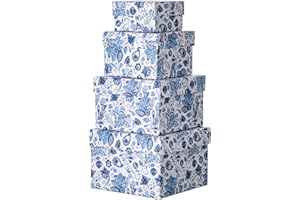 BRIFUL Square Gift Boxes with Lids 4PCS Blue Flower Print Gift Box for Presents Nesting Assorted Sizes Present Boxes for Christmas Birthday Valentines Party Gift Wrap