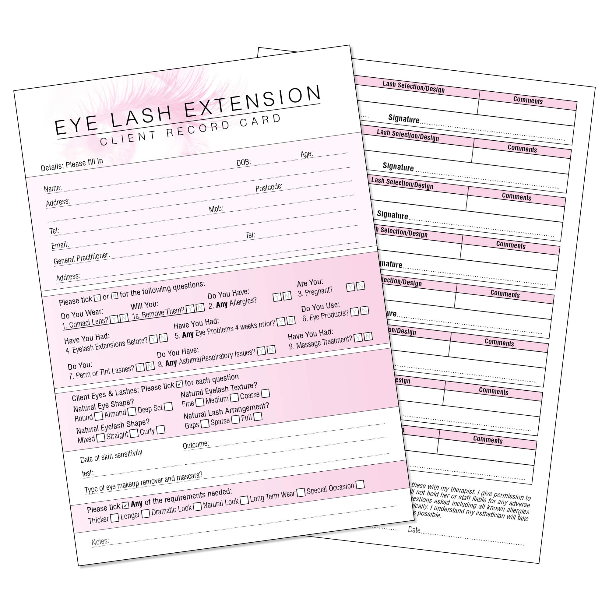 Eyelash Extension Client Record Card - Treatment Consultation Form for Mobile Therapists & Salons A5 Pack of 50 - Portrait