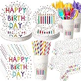 Funnymoom 452 Pcs Happy Birthday Party Decorations Supplies for 50 Guests Birthday Polka Dots Paper Plates Napkins Cups Tablecloth Cutlery for Girls Boys