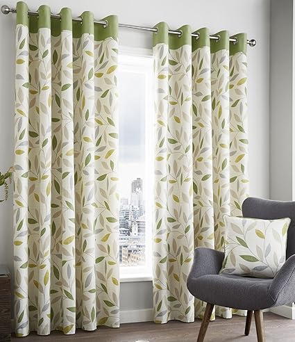 Brandy Fully Lined Curtains 66 X 90 Leaf Print Lime Green Sage
