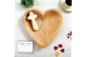 GENERIC Wooden Prayer Bowl with 24 Cards & Pine Cross, Heart Cross Bowl Christian Pine Solid Heart Container Love Bowls Gift for Women Religious Home Decor Christmas Gifts