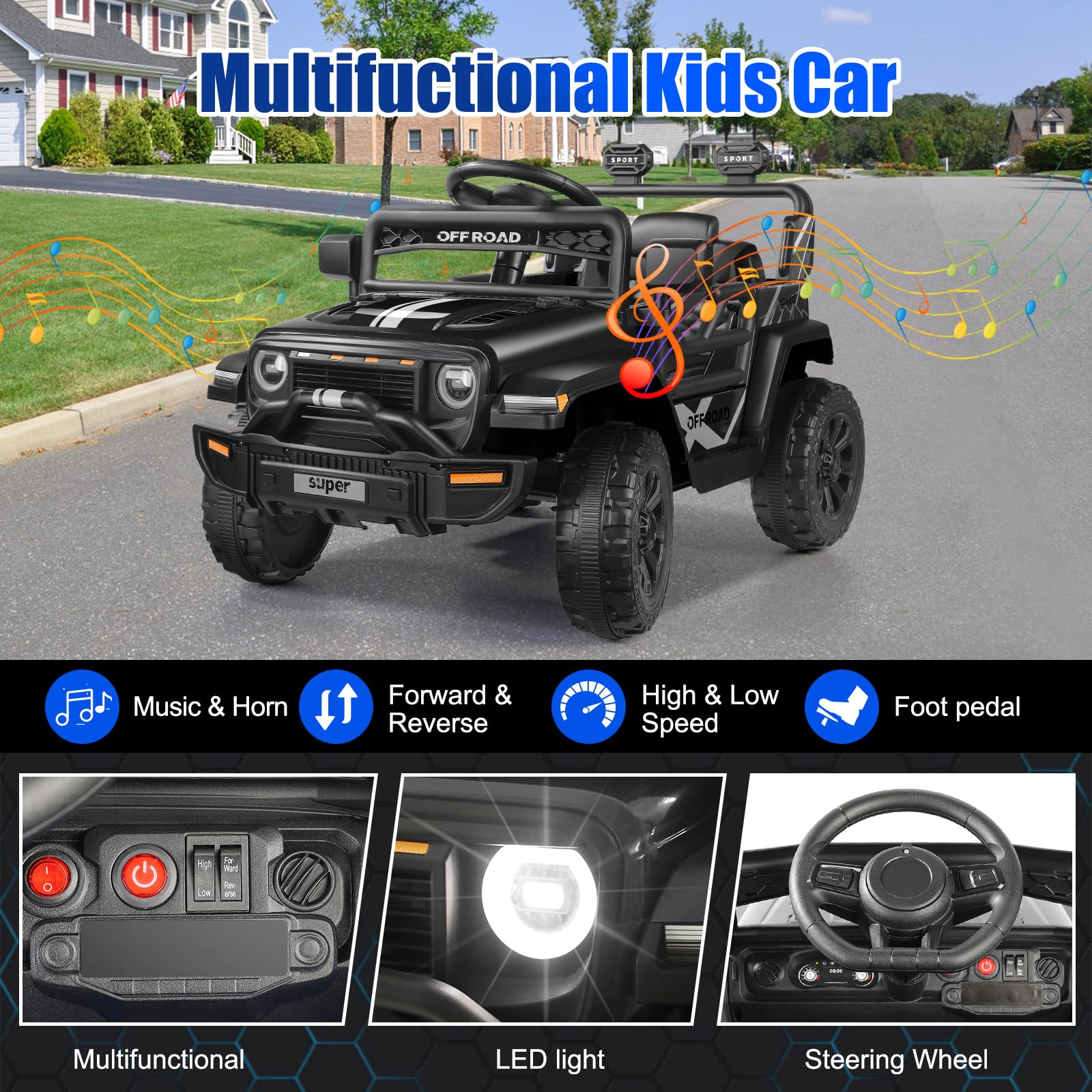 Hikole 12 Volt Ride on Toys for Toddlers, Battery Power Cars for Kids with Remote Control, Electric Vehicle w/Bluetooth, Spring Suspension & LED Light, Black