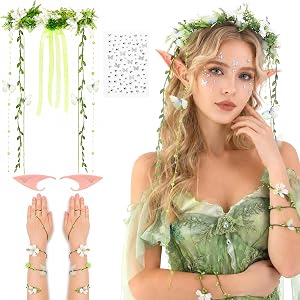 5Pcs Fairy Crown with Arm Wraps, Floral Renaissance Fairy Costume Accessory with Elf Ear Sticker for Women Halloween Cosplay
