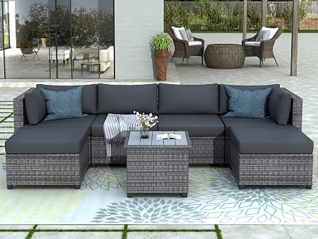 Amazon Com Soreki Oceanfront Outdoor Patio Furniture Set Sectional Ratten Couch With Table And Ottoman Grey Garden Outdoor