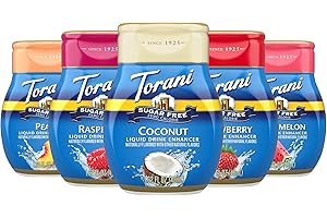 Torani Sugar Free Liquid Drink Enhancer, Water Flavoring Variety 5-Pack, Watermelon, Peach, Raspberry, Strawberry, and Coconut, 1.62 Oz Ea