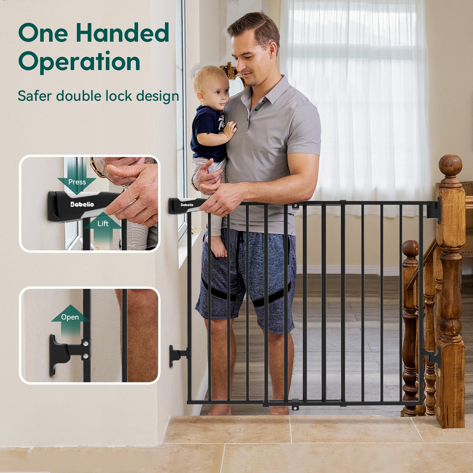 Babelio Baby Gate for Stairs, Kitchen & Doorways, No Bottom Bar| One-Handed Operation| Auto-Close| Hardware Mount (Drill Needed) Safety Dog/Pet Gate (Black - B17, 26-43