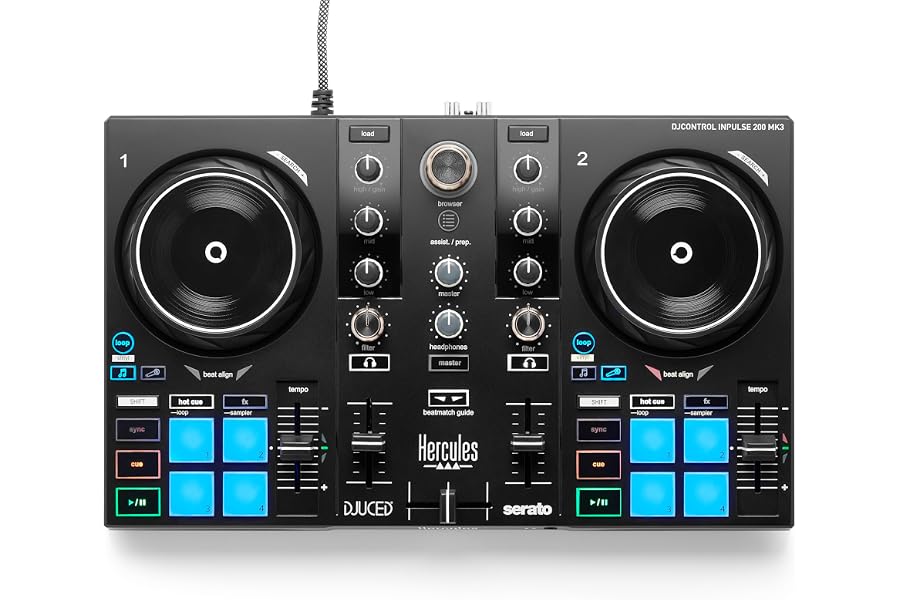 Hercules DJControl Inpulse 200 MK3 DJ Controller, 2 Deck DJ Mixer with Jog Wheels, Pads, Crossfader, Beginner DJ Equipment with Tutorials and Streaming, Compact Portable DJ Board, Compatible with PC
