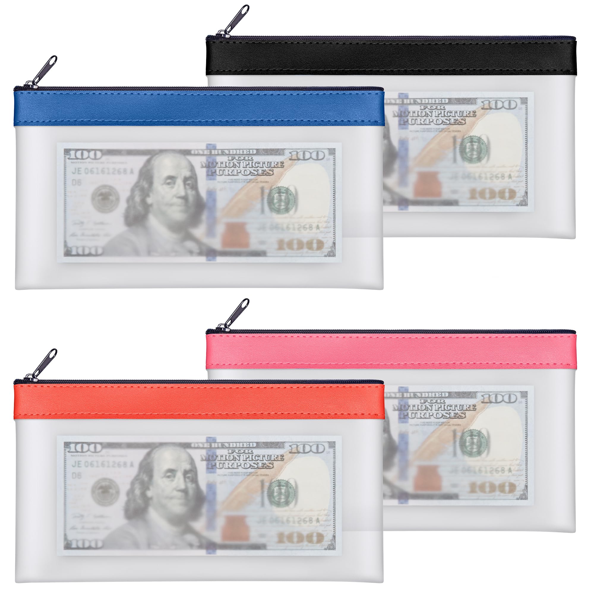 Photo 1 of SMARTAKE 4-Pack Money Bags with Zipper, Transparent Bank Deposit Bags, Clear Plastic Money Envelopes for Cash, Coins, Checks, Invoices Organizing, Money Wallet Pouch, 8.4 x 4.1 Inch, 4 Deep Colors