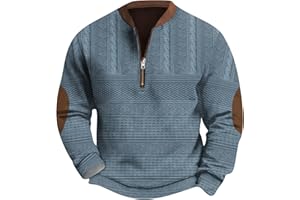 MGWTFZDL Mens Quarter Zip Sweater with Elbow Patches Long Sleeve Polo Shirts Vintage Waffle Sweatshirts