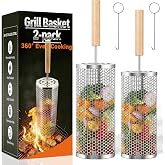 Bmavysa 2 Pcs Octagonal Rolling Grill Basket, Polished 304 Stainless Steel | Grilling Basket with Removable Wooden Handles, Ideal Outdoor BBQ Baskets for Veggies, shrimp, Perfect Grill Gifts for Men