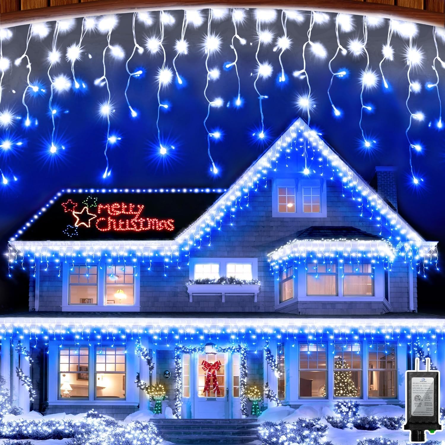 Photo 1 of 1296 LED 131FT Christmas Lights 288 Drops, Outdoor Hanging light with 8 Modes Timer, Plug in Curtain String Light Outdoor Waterproof for House Tree Holiday Wedding Party Outside Decor (Blue & White)