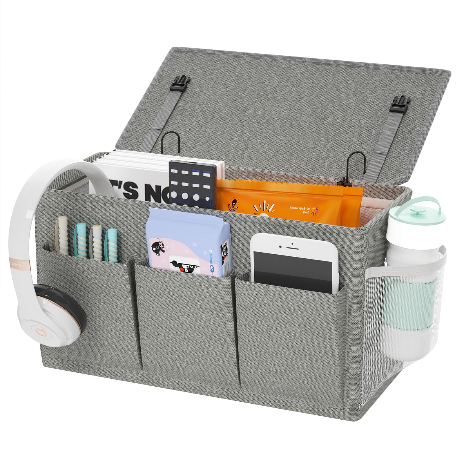 Edudif Dual-purpose Bedside Caddy Bedside Organizer, Bed Caddy with 6 Pockets, Versatile Bedside Storage Solution Magazine Remotes holder, ideal for Home, Dorm, Hospital, Crib Bed (Grey)