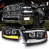 AKKON - For 09-18 Dodge Ram 1500 2500 3500 Upgrade Projector &amp; Bar LED Black Housing Headlights With Light Bulbs Set
