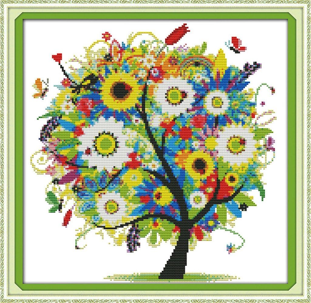 eGoodn Stamped Cross Stitch Embroidery Kits Printed Pattern - Happy Tree 11ct Fabric 18.1 inches by 18.1 inches, Cross-Stitching DIY Needlework, No Frame