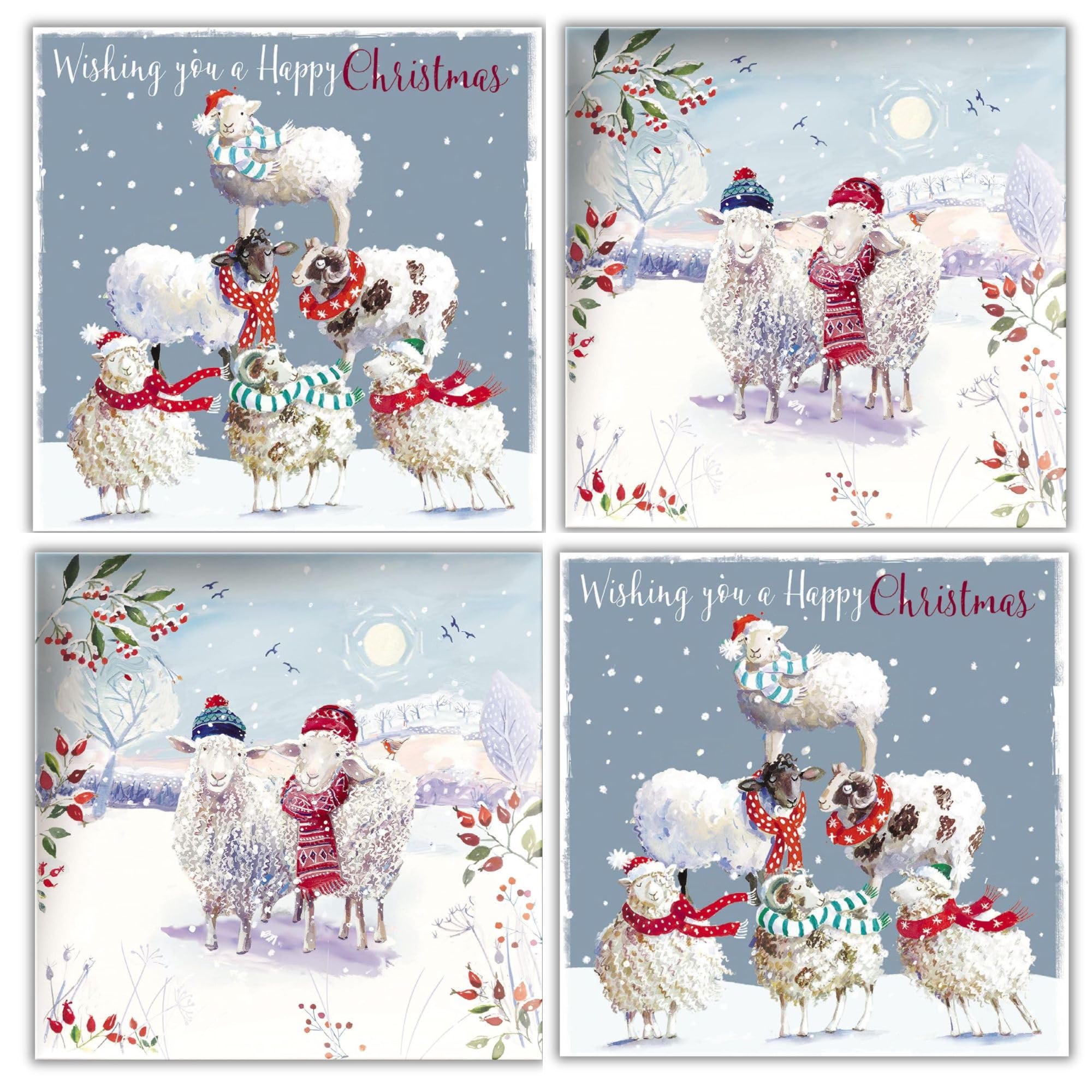 Ling Design Box of 20 Artistic Charity Christmas Cards - 'Sheep Tower and Sheep in Bobble Hats' - Lovely Artistic Designs - 20 Cards, 10 Each of 2 Designs