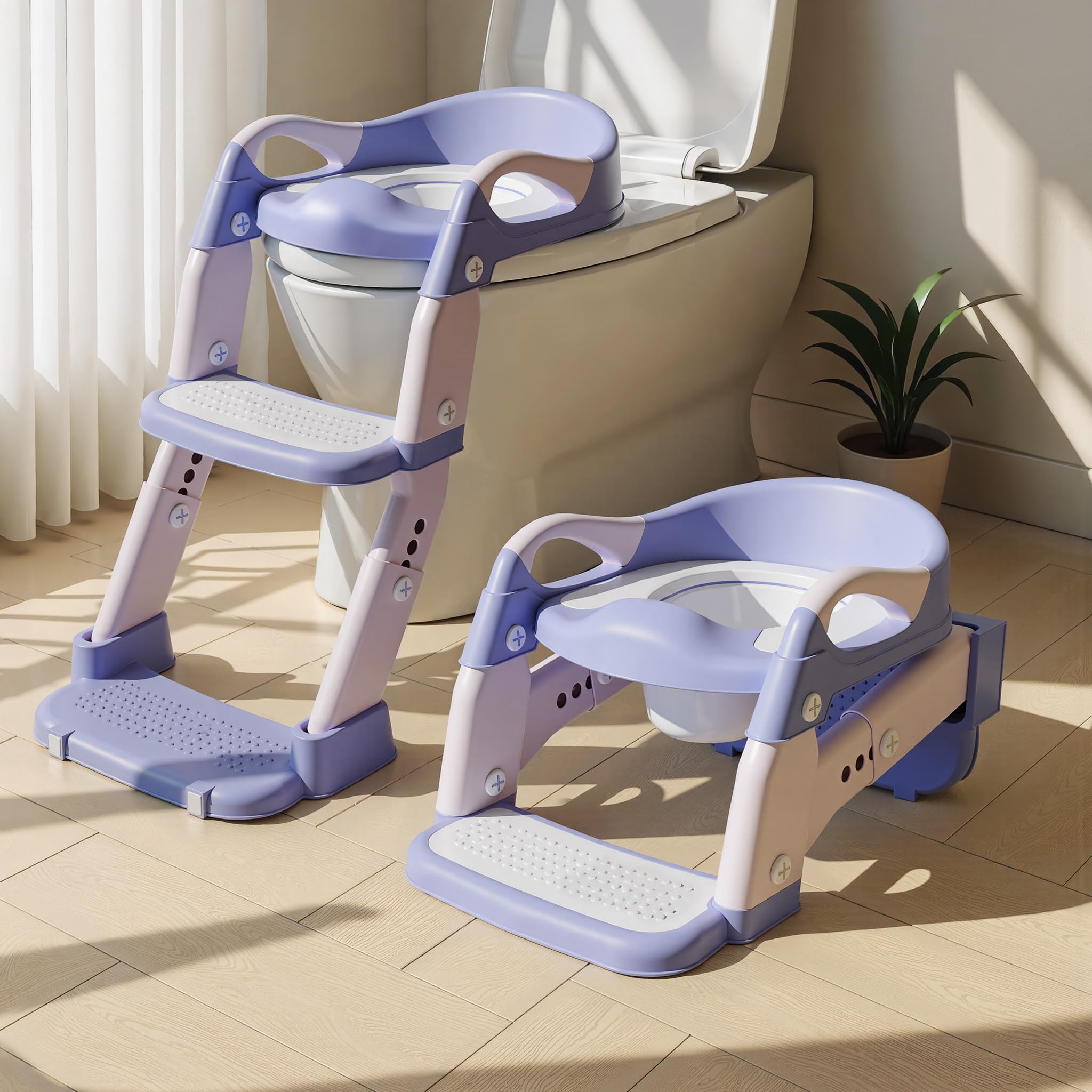 Photo 1 of 3-in-1 Potty Training Seat & Training Toilet & Potty Chair, Height Adjustable Toddler Toilet Seat for Kids Boys Girls, Foldable Potty Training Toilet with Splash Guard and Anti-Slip Steps