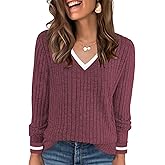 Kopinma V Neck Long Sleeve Shirts for Women Fall 2025 Casual Business Ribbed Knit Sweater Cute Work Outfits
