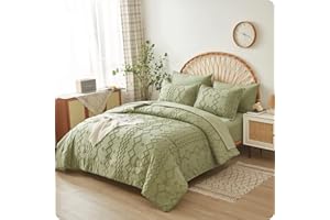 FLYMME Green Tufted Bed in A Bag Queen Size Comforter Set with Sheets, Soft Lightweight Geometric Embroidery Bedding Set 7PC, Boho Shabby Chic Farmhouse Collection (Sage Green, 90''x 90'')