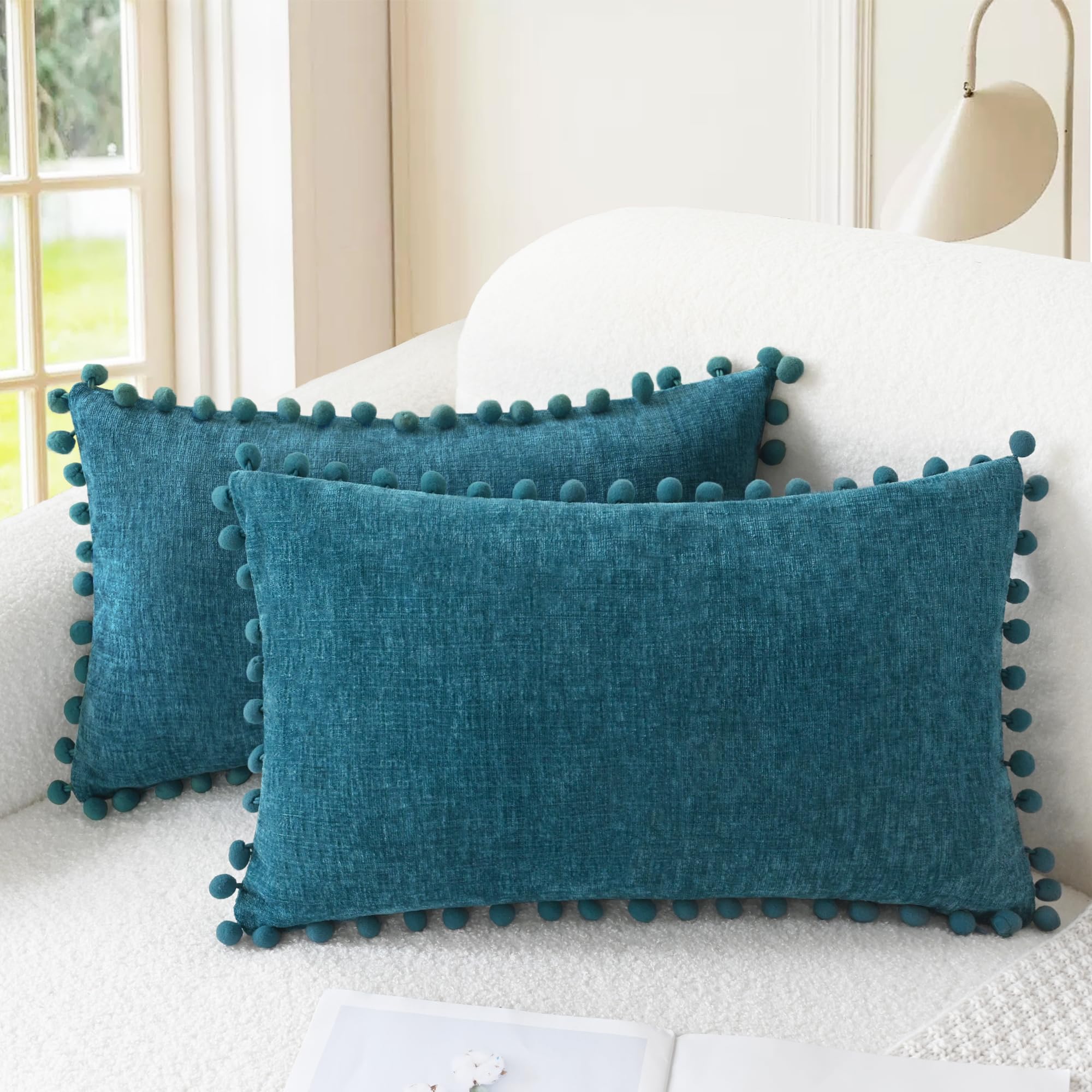 CaliTime Throw Pillow Cases Pack of 2 Cozy Solid Dyed Soft Chenille Cushion Covers with Pom Poms for Couch Sofa Home Decoration 30cm x 50cm Ocean Blue