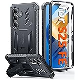 FNTCASE for Samsung Galaxy S25-FE Case: with [Built-in Screen Protector & Kickstand] [Military-Grade Drop Protection] Heavy Duty Protective Full Body Shockproof Rugged Sturdy TPU Phone Cover Black