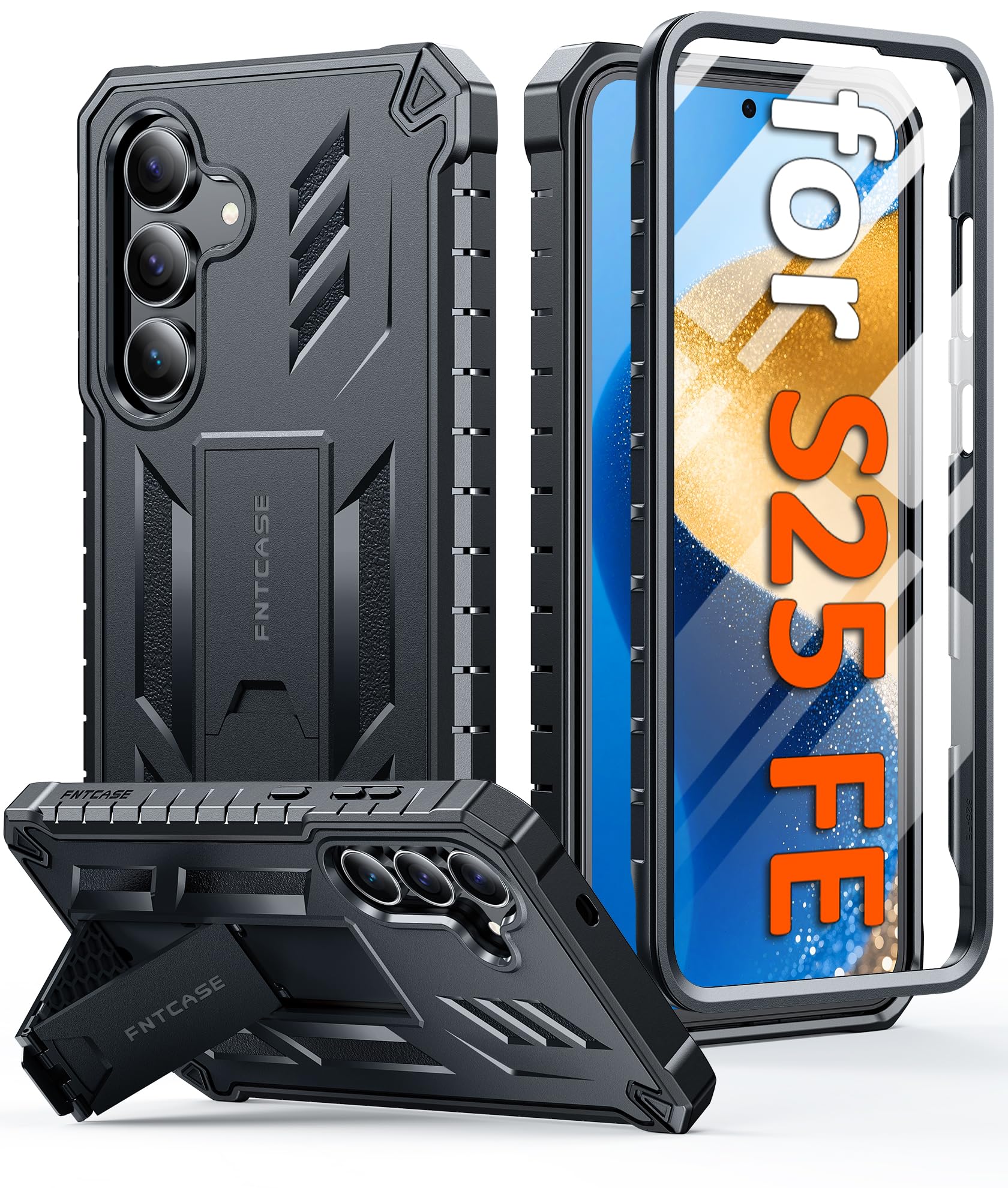 Photo 1 of FNTCASE for Samsung Galaxy S25-FE Case: Military Grade Drop Proof Protection Mobile Cover with Kickstand | Matte Textured Rugged Shockproof TPU | Protective Sturdy Phone Case Black