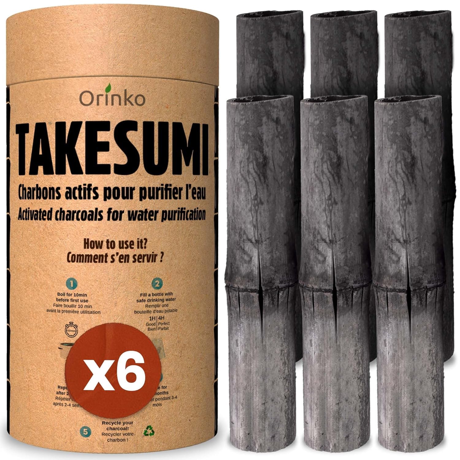 ORINKO® Charcoal Water Filter Sticks x6 – Natural Takesumi Activated Carbon for Water Purification – Sustainable Binchotan Bamboo Filter Kit for Pitchers & Tap Water