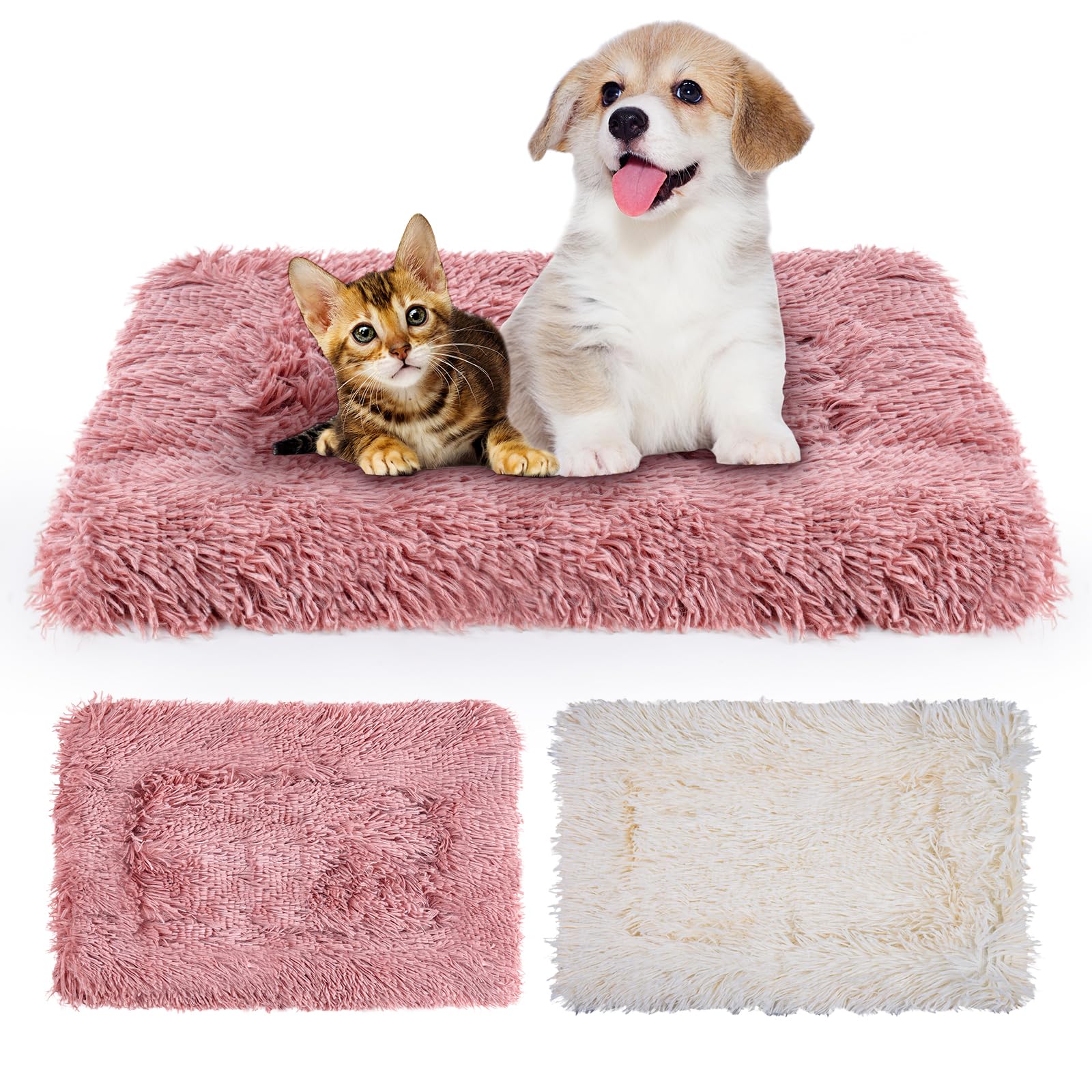 MICOOYO 2Pcs Dog Crate Bed Mattress, Fleece Pet Cushion Bed Mat, Washable Cat Cushion Pad for Small Dog Cat Puppy(Pink, White,61x41 cm)
