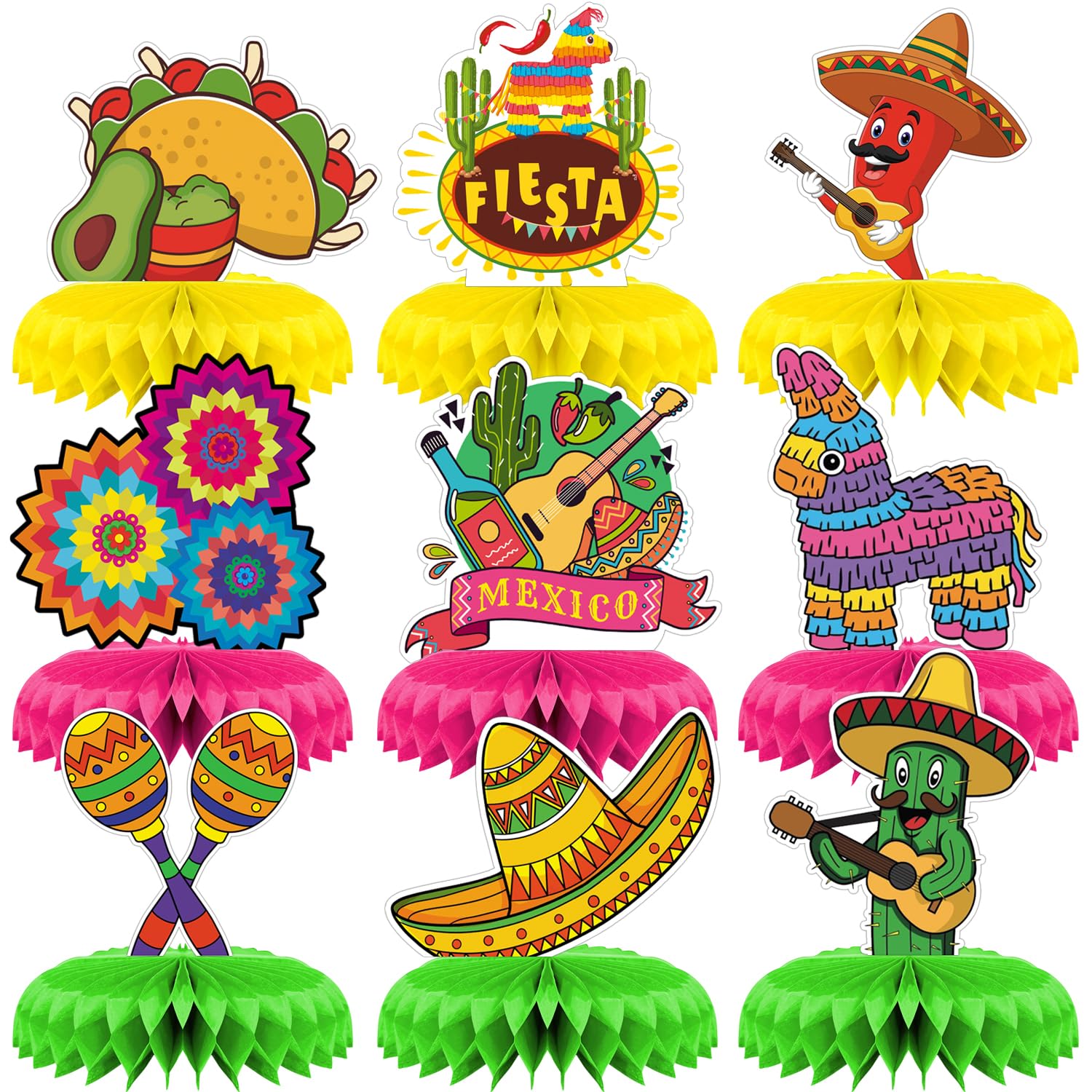 Qpout 9 Pieces Mexican Fiesta Honeycomb Table Centerpiece Colorful Hanging Paper Fans Cinco DE Mayo Table Party Decorations Mexican Theme Centerpiece Day of the Dead Decor Supplies