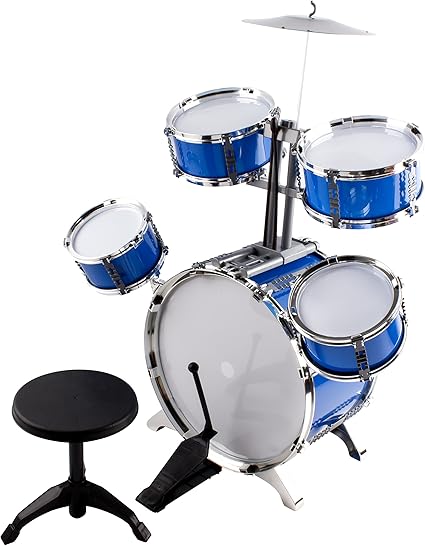 Amazon.com: Batería de juguete clásica para niños, con 5 tambores, platillo, silla, pedal y baquetas, color azul: Toys \u0026 Games
