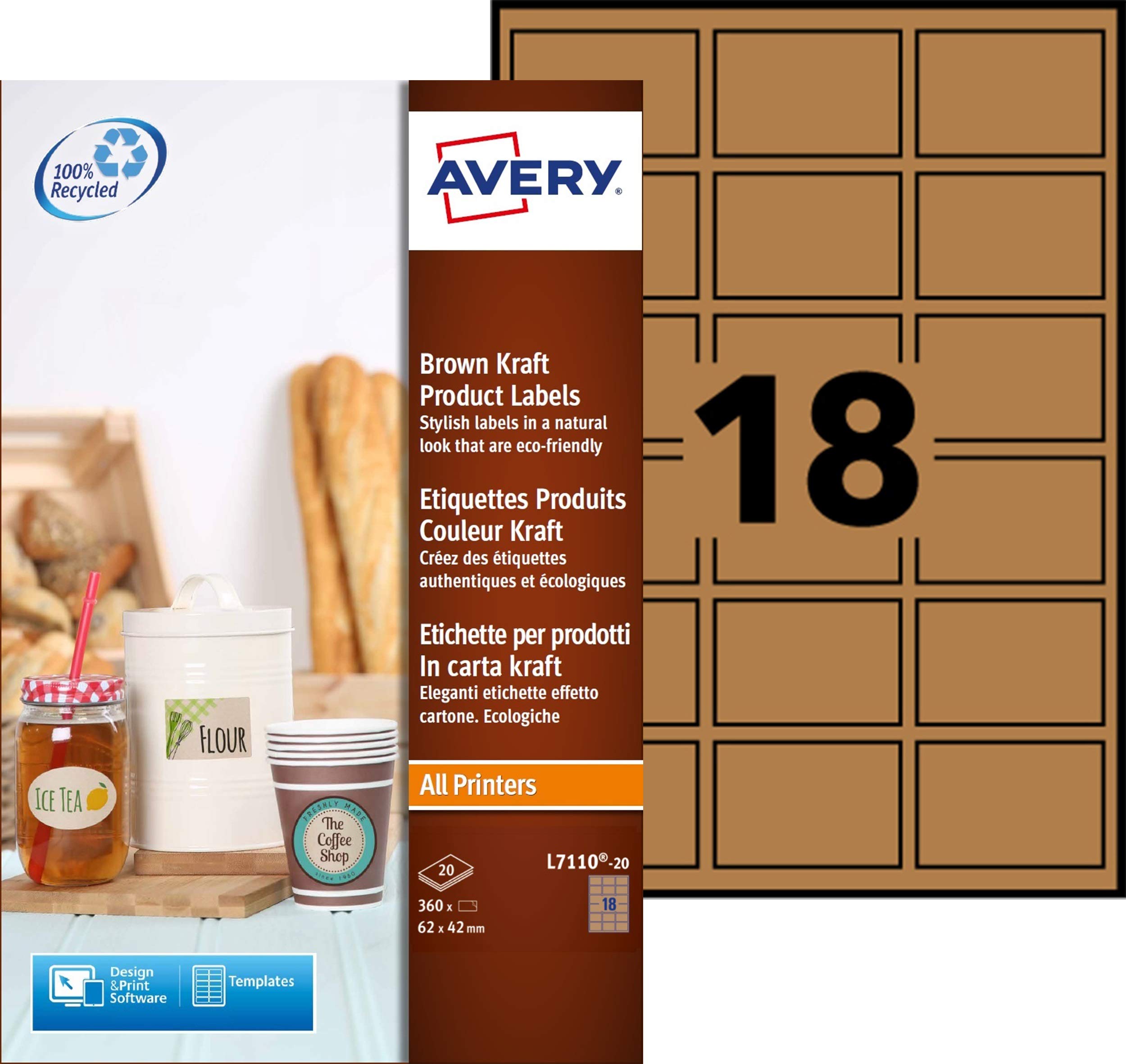 Avery L7110‑20 Kraft Paper Rectangular Labels – 360 Brown Labels (62 × 42 mm, 18 per A4 Sheet) on 20 Sheets | JamFree™ Printable Permanent Adhesive for Product Labelling & Packaging