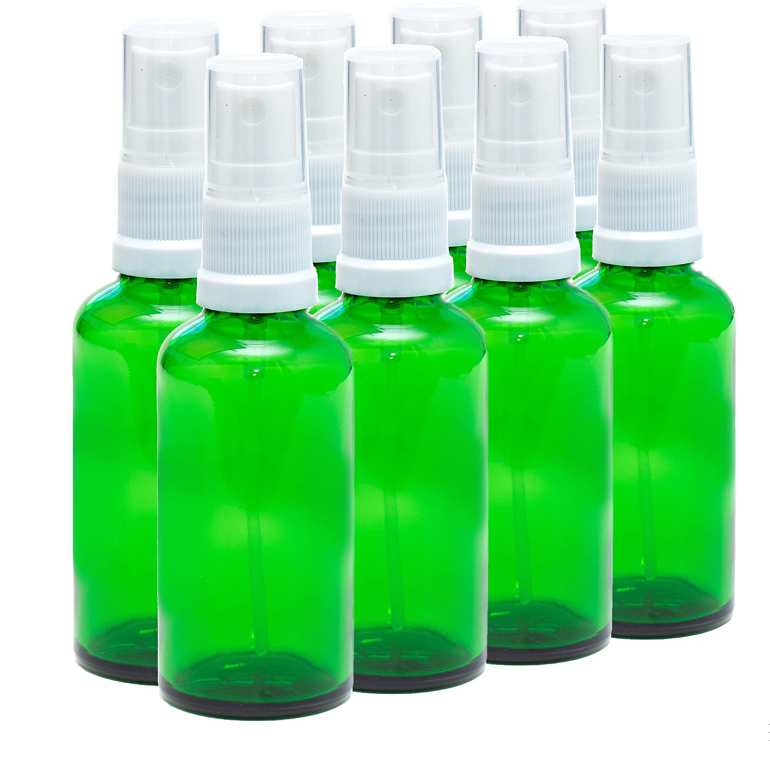 Aura 50ml Green Glass Bottles with White ATOMISER Sprays - Pack of 8